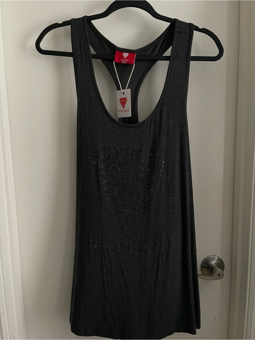 Virgin Voyages Dark Gray Racerback Tank Top with Rhinestone Triangle